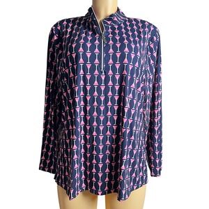 BEACHTIME Top XL Martini Navy Blue Pink Quarter Zip Long Sleeve Pullover Mesh